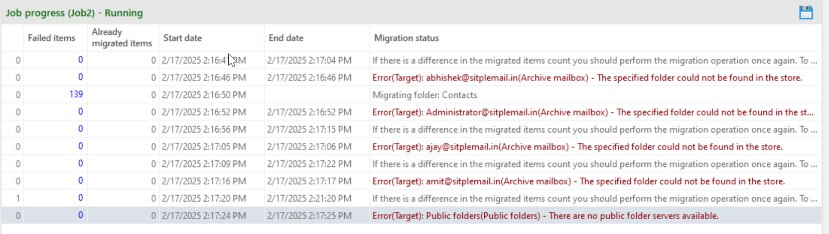 When you scroll towards the right, in the job progress section, you can see the migration status of the mailboxes